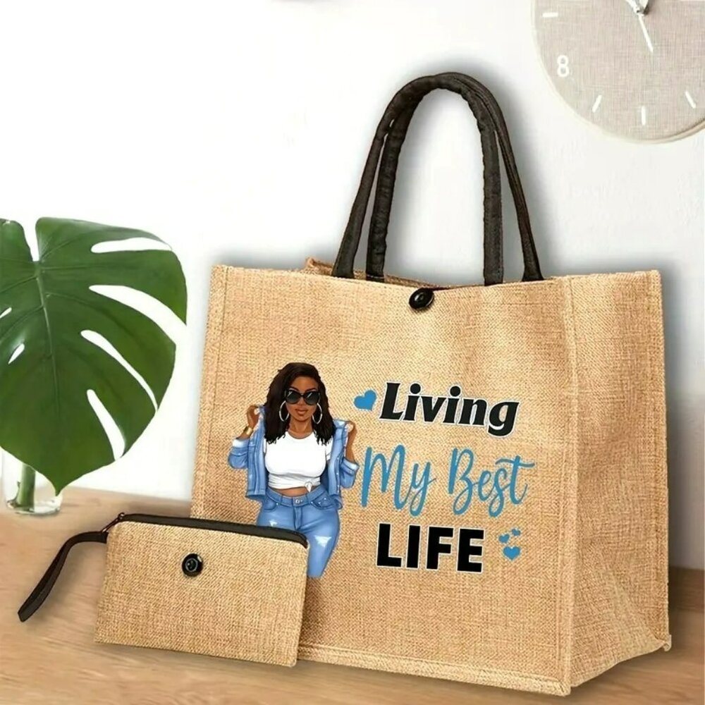 Living My Best Life Tote Bag with Inner Pocket & Zipper Clutch (SKU 0308)